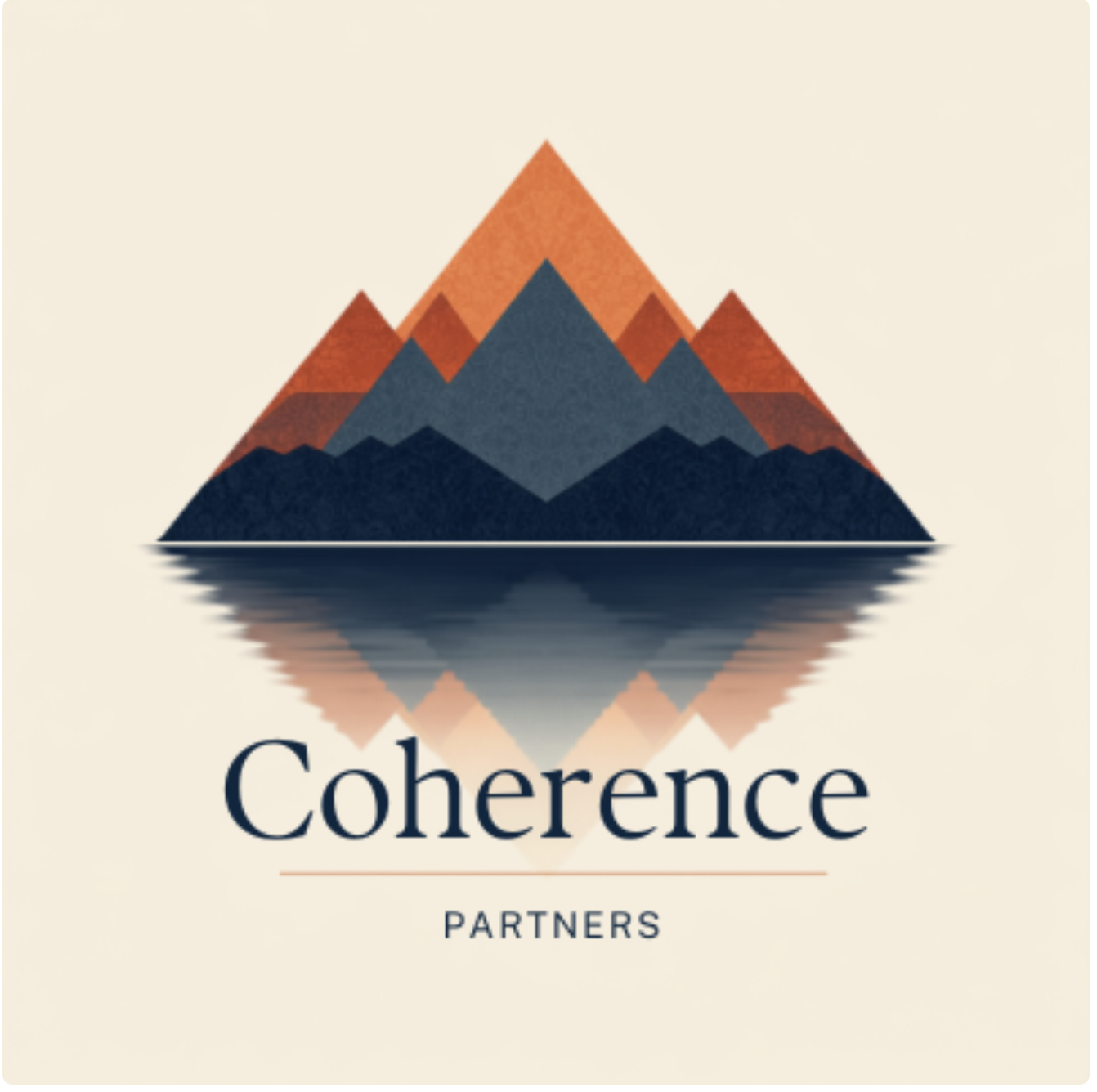 Coherence Partners — layered mountain range mirrored in still water, the parent mark